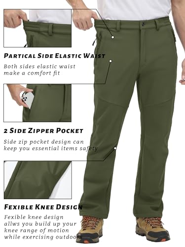 TACVASEN Men's Hiking Pants with Zipper Pocket Winter Fleece Snow Ski Pants Army Green, 32
