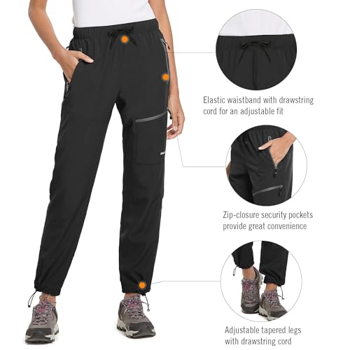 BALEAF Women's Hiking Pants Quick Dry Water Resistant Lightweight Joggers Pant for All Seasons Elastic Waist Black Size M