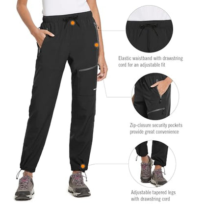 BALEAF Women's Hiking Pants Quick Dry Water Resistant Lightweight Joggers Pant for All Seasons Elastic Waist Black Size M