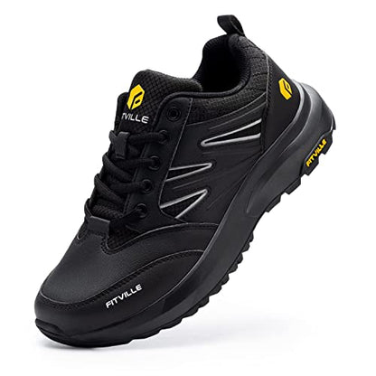 FitVille Mens Wide Hiking Shoes Waterproof Outdoor Work Shoes Trekking Trails Sneakers with Arch Support for Heel Pain Relief - Sturdy Core(Black, 15 X-Wide)