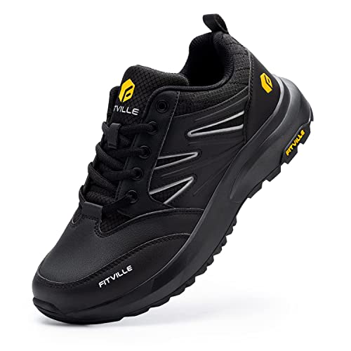 FitVille Mens Wide Hiking Shoes Waterproof Outdoor Work Shoes Trekking Trails Sneakers with Arch Support for Heel Pain Relief - Sturdy Core(Black, 15 X-Wide)