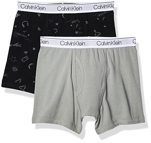 Calvin Klein Boys' Little Cotton Assorted Boxer Briefs Underwear, 2 Pack-CK Statement Print Black, Neutral Gray, 4-5