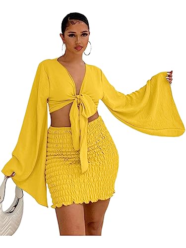 LYANER Women's 2 Piece Outfits Tie Knot Front Bell Long Sleeve Crop Top and Mini Skirt Set Yellow Large