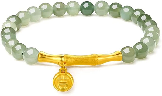 24K Solid Gold Green Jade Bead Bracelet, Pure Gold Elastic Fortune Bracelet, Stretchable Real Gold Green Jade Bead Bracelet for Women Girlfriend