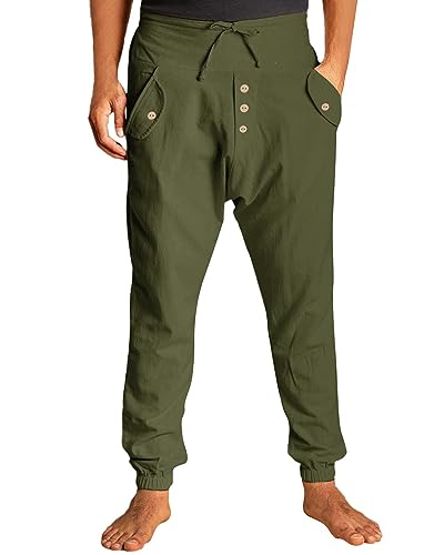 NANAMEEI Sport Mens Yoga Harem Pants Linen Aladdin Pants Summer Trousers Linen Pants Botton Pockets Army Green L