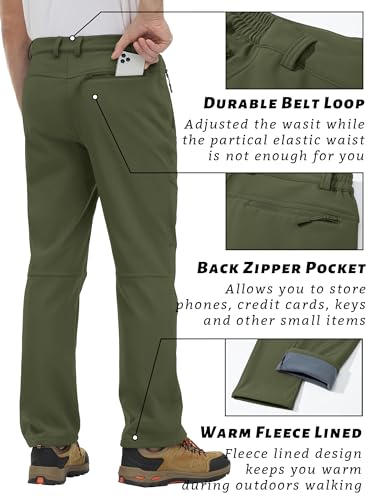 TACVASEN Men's Hiking Pants with Zipper Pocket Winter Fleece Snow Ski Pants Army Green, 32