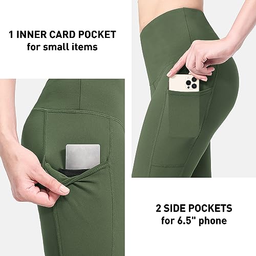 BALEAF Women's Fleece Lined Hiking Leggings Water Resistant Pants Thermal Warm Winter Waterproof Yoga Pants with Pockets Army Green M