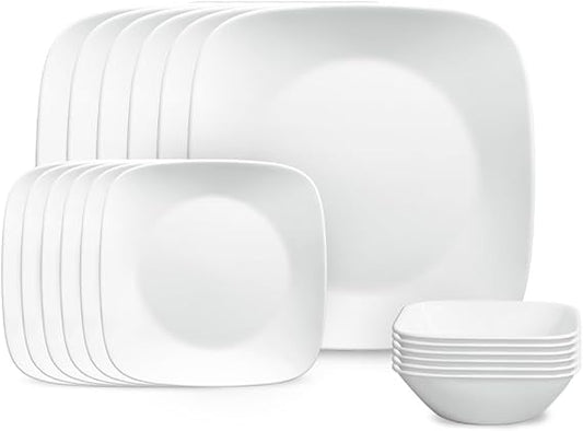 Corelle Vitrelle 18-Piece Service for 6 Square Dinnerware Set, Triple Layer Glass and Chip Resistant, Lightweight Square Plates and Bowls Set, Pure White