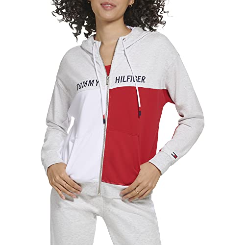 Tommy Hilfiger Women's Soft & Comfortable Fleece Colorblocked Full Zip Hoodie, White Stone Heather, Large