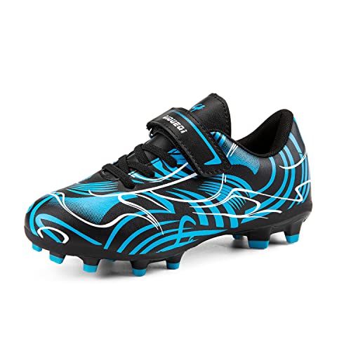 Rhyme-Zeal Kids Soccer Cleats Shoes Boys Girls Athletic Outdoor Indoor Firm Ground Soccer Shoes Comfortable Football Shoes Black Blue