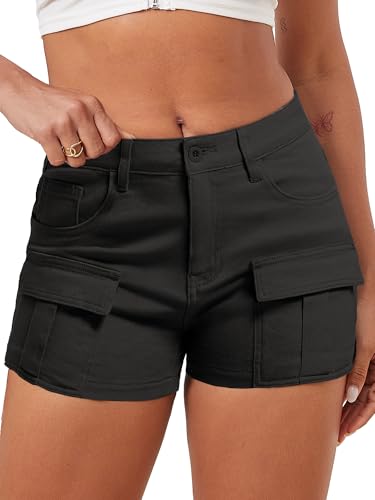 ELLEVEN High-Stretch Women's Cargo Jean Shorts, Trendy High-Waisted Cotton Denim Shorts with Pockets, Y2K Mini Denim Shorts