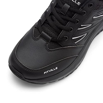 FitVille Mens Wide Hiking Shoes Waterproof Outdoor Work Shoes Trekking Trails Sneakers with Arch Support for Heel Pain Relief - Sturdy Core(Black, 15 X-Wide)