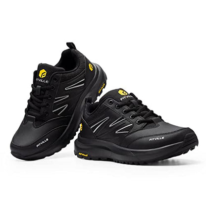 FitVille Mens Wide Hiking Shoes Waterproof Outdoor Work Shoes Trekking Trails Sneakers with Arch Support for Heel Pain Relief - Sturdy Core(Black, 15 X-Wide)