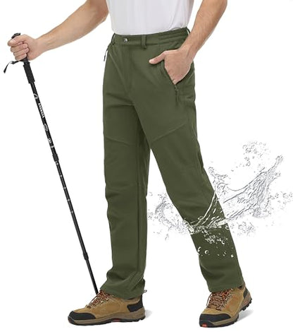 TACVASEN Men's Hiking Pants with Zipper Pocket Winter Fleece Snow Ski Pants Army Green, 32