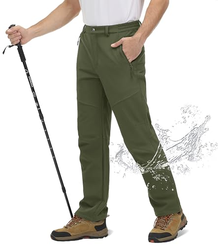 TACVASEN Men's Hiking Pants with Zipper Pocket Winter Fleece Snow Ski Pants Army Green, 32