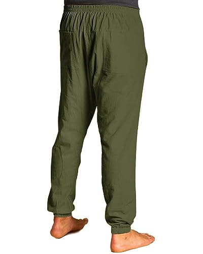 NANAMEEI Sport Mens Yoga Harem Pants Linen Aladdin Pants Summer Trousers Linen Pants Botton Pockets Army Green L