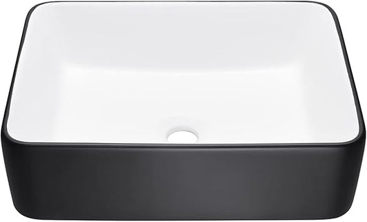 Miyili Vessel Sink Rectangle (Black & White) - 19"x15" Modern Rectangular Top Counter Bathroom Sink Porcelain Ceramic Lavatory Sink Bowl Art Basin, VS4837BW