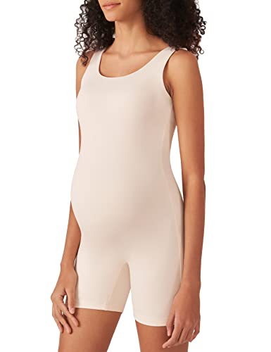 POSHDIVAH Women's Maternity Bodysuit Pregnancy Shapewear Sleeveless Scoop Neck Tank Top Shorts Bodycon Jumpsuit for Photoshoot Workout Beige Small