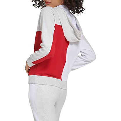 Tommy Hilfiger Women's Soft & Comfortable Fleece Colorblocked Full Zip Hoodie, White Stone Heather, Large