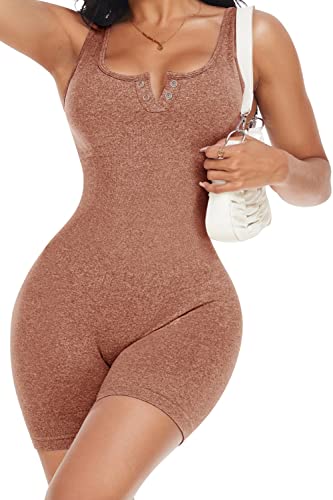 OLCHEE Women’s Workout Rompers Yoga Jumpsuits - One Piece Seamless Bodysuit Square Neck Tank Top Shorts with Snap - Brown Size M