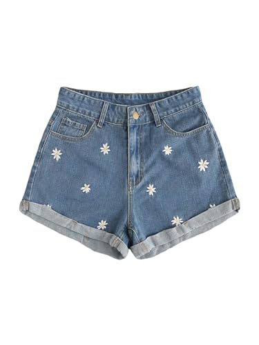 Verdusa Women's Floral Embroidery High Waist Roll Up Denim Shorts