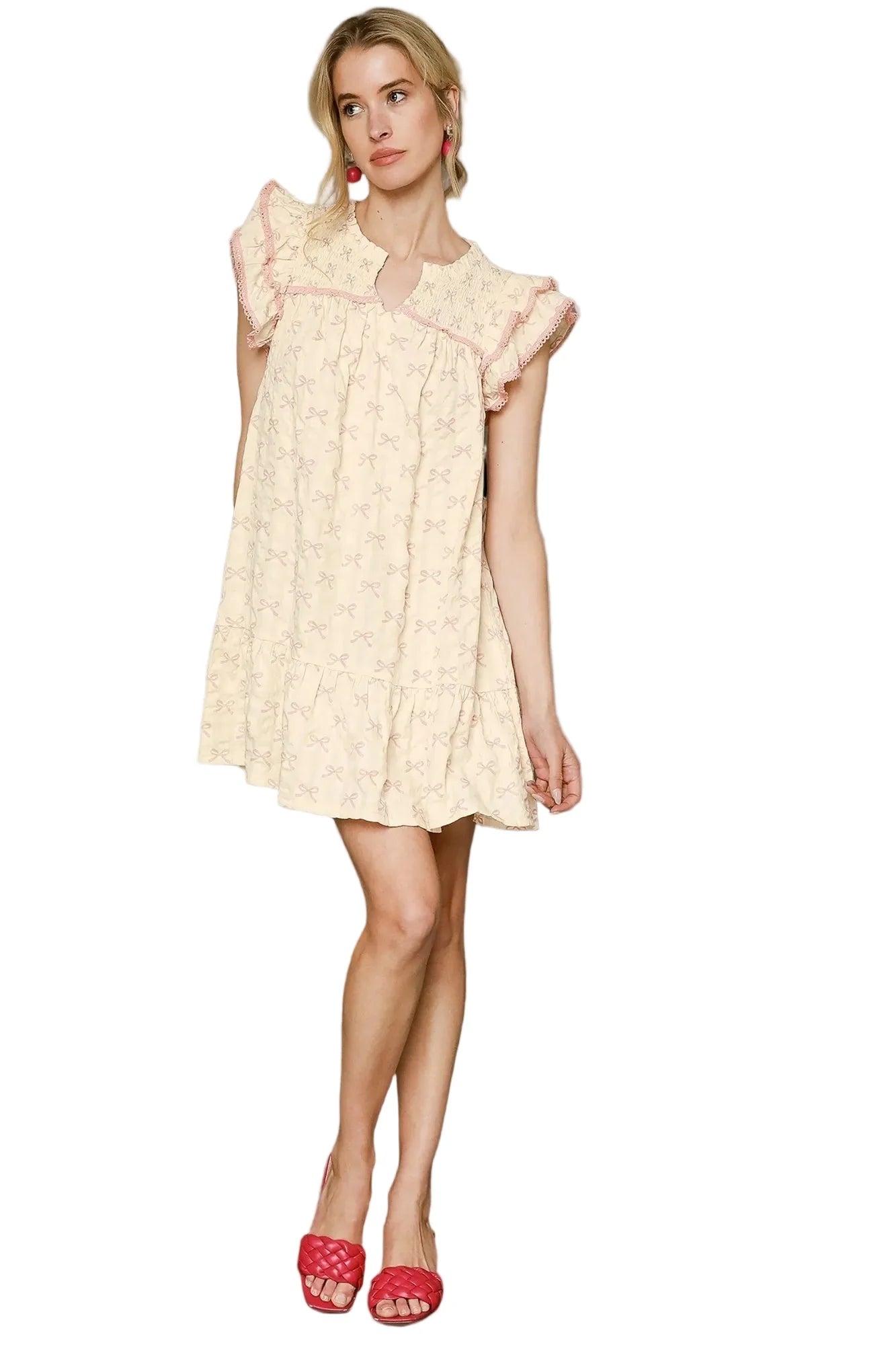 Bow Print Ruffled Cap Sleeve Mini Dress