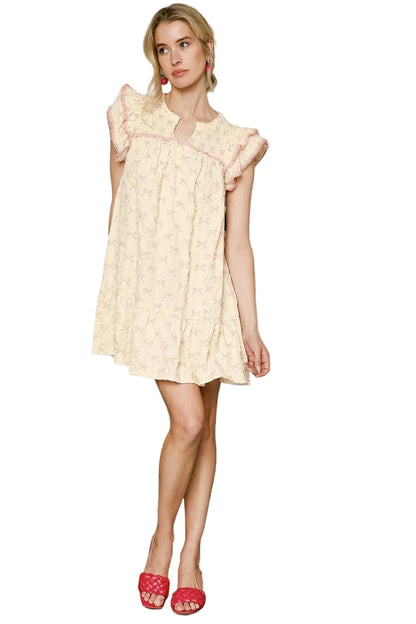 Bow Print Ruffled Cap Sleeve Mini Dress
