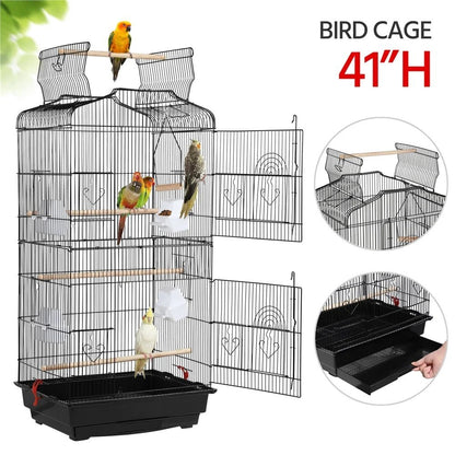 41''H Open Top Metal Birdcage with Slide-Out Tray and Feeders, Black