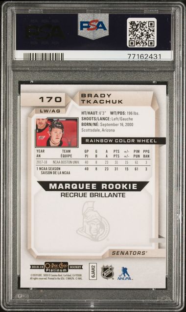 Graded 2018 UD O-Pee-Chee Platinum Brady Tkachuk #170 Rainbow Color Wheel Rookie RC Hockey Card PSA 10 Gem Mint