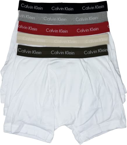 Calvin Klein Men's Cotton Classics 5-Pack Boxer Brief (White Bodies W/ Black, Grey Heather, Exact, Tapioca, Olive, X-Large) (NB1429)