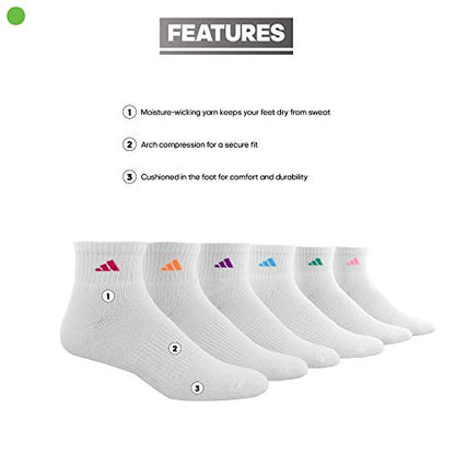 adidas Women's Athletic Cushioned 6-Pack Quarter, White,SolarRed,Pink,Purple,Green,Blue, Medium