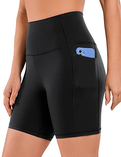 CRZ YOGA Women's Naked Feeling Biker Shorts - 6 Inches High Waisted Workout Yoga Gym Running Spandex Shorts Side Pockets Black Large
