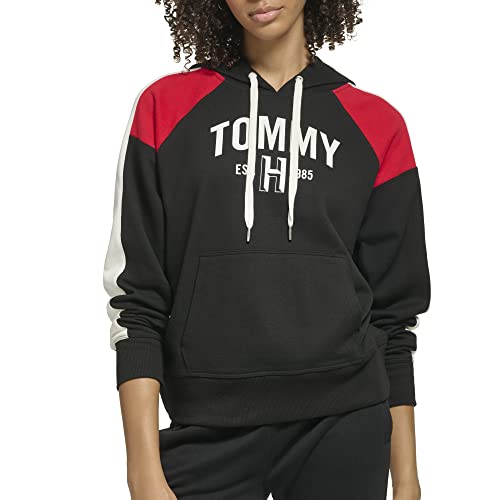 Tommy Hilfiger Women's Relaxed Fit Athletic Blocking Printed Graphic On Chest Hoodie, Black