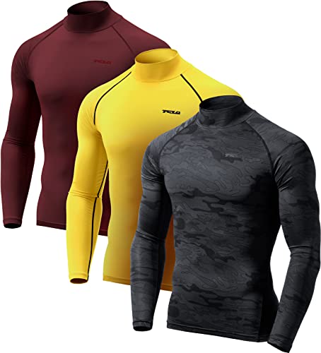 TSLA Men's UPF 50+ Long Sleeve Compression Shirts, 3-Pack Athletic Workout Rash Guard, Camo Black/Yellow/Brick, Large