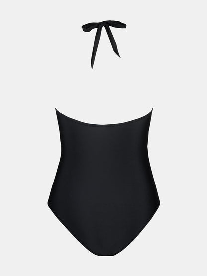 CUPSHE Women's One Piece Swimsuit Plunge Neck Mesh Halter Back Tie Swimwear M, Black