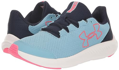 Under Armour Girls Grade School Pursuit 3 Big Logo Running Shoe, (400) Blizzard/Midnight Navy/Pink Shock, 5 Kid