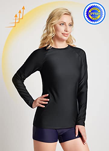 BALEAF Women's Long Sleeve Rash Guard Swim Shirt UPF 50+ Sun Protection Rashguard Lightweight Swimsuits Top Black M