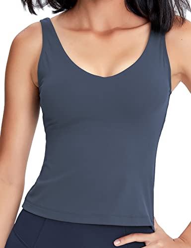 POSHDIVAH Women Sports Bra Longline Padded Tank Top Naked Feeling Workout Fitness Running Yoga Tops Navy Blue X-Large