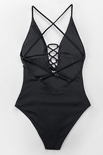 CUPSHE Women's One Piece Swimsuit Backless Tie V Neck Bathing Suit, M Black