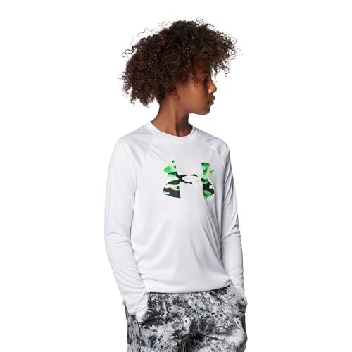 Under Armour Boys' Standard Tech Logo Fill Long-Sleeve T-Shirt, (101) White / / Phosphor Green, Youth Large