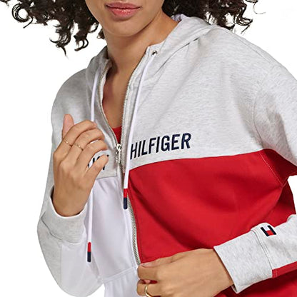 Tommy Hilfiger Women's Soft & Comfortable Fleece Colorblocked Full Zip Hoodie, White Stone Heather, Large