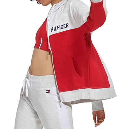 Tommy Hilfiger Women's Soft & Comfortable Fleece Colorblocked Full Zip Hoodie, White Stone Heather, Large