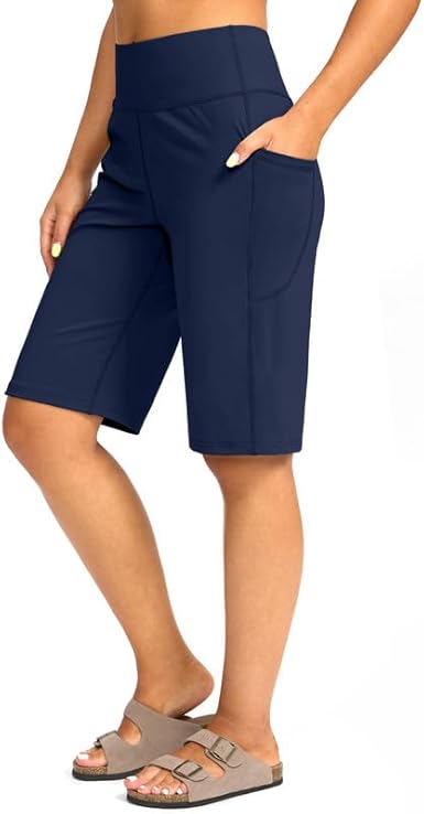 Bermuda Shorts for Women with Pockets 12" Knee Length Women's High Waisted Stretch Long Shorts Walking Casual