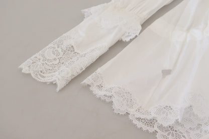 Dolce & Gabbana White Cotton Lace Trim Turtle Neck Blouse Top