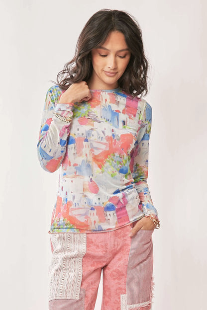 Davi & Dani Multi Printed Mesh Round Neck Long Sleeve Top