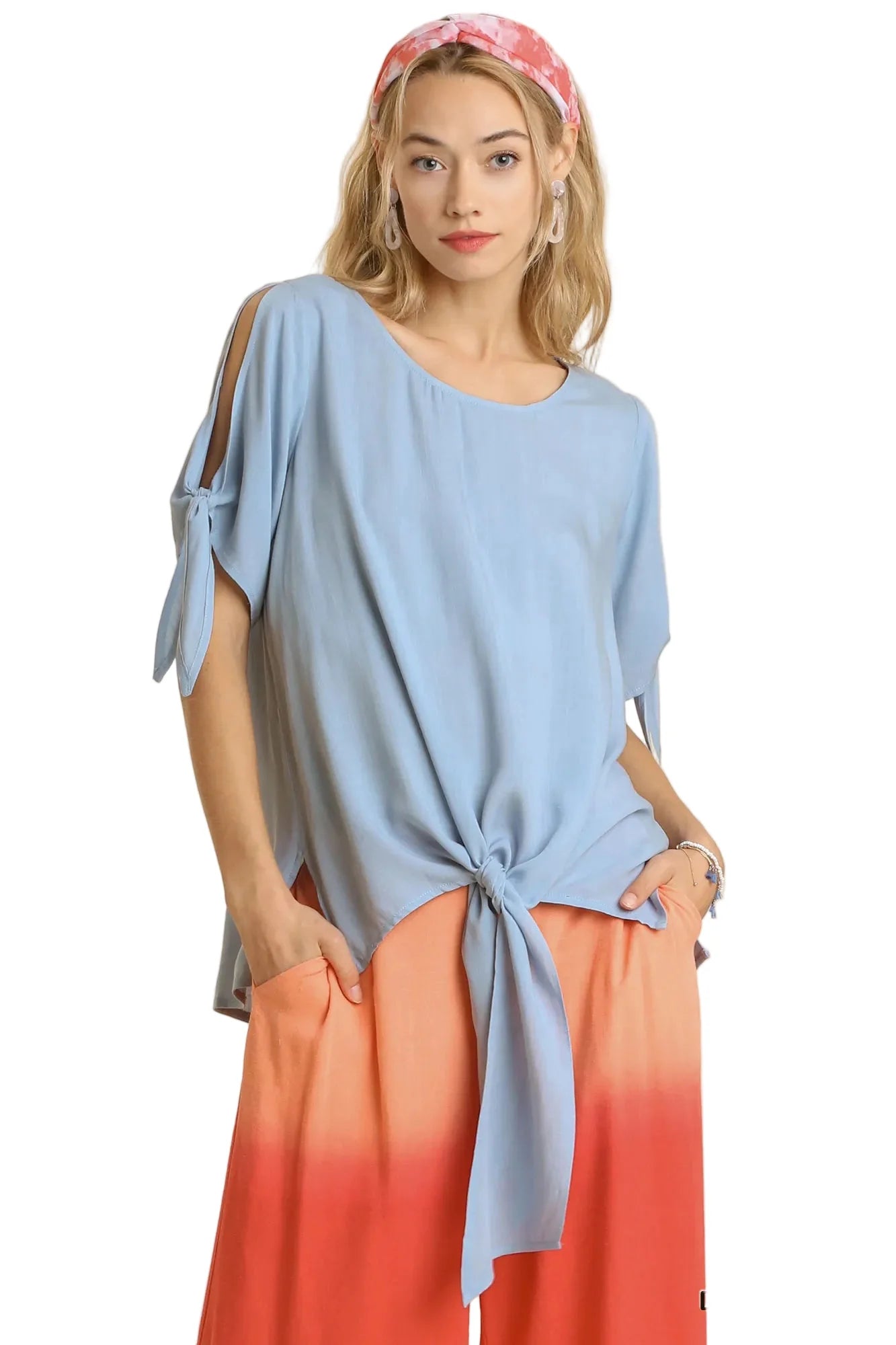 Cold Shoulder Short Sleeve Round Neck Top with Side Slits and Tie-able Knot Details