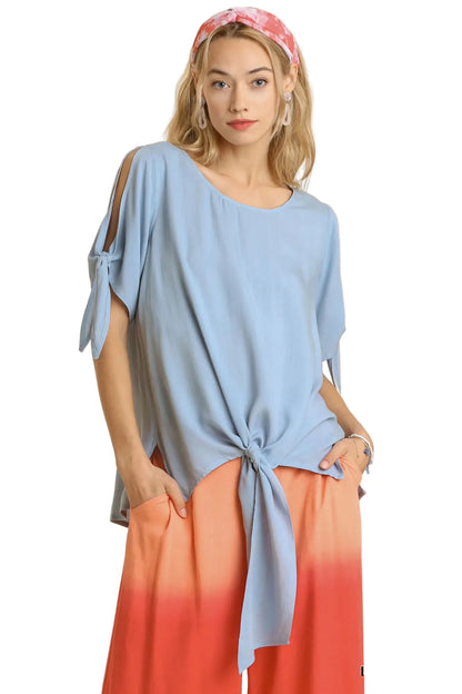 Cold Shoulder Short Sleeve Round Neck Top with Side Slits and Tie-able Knot Details