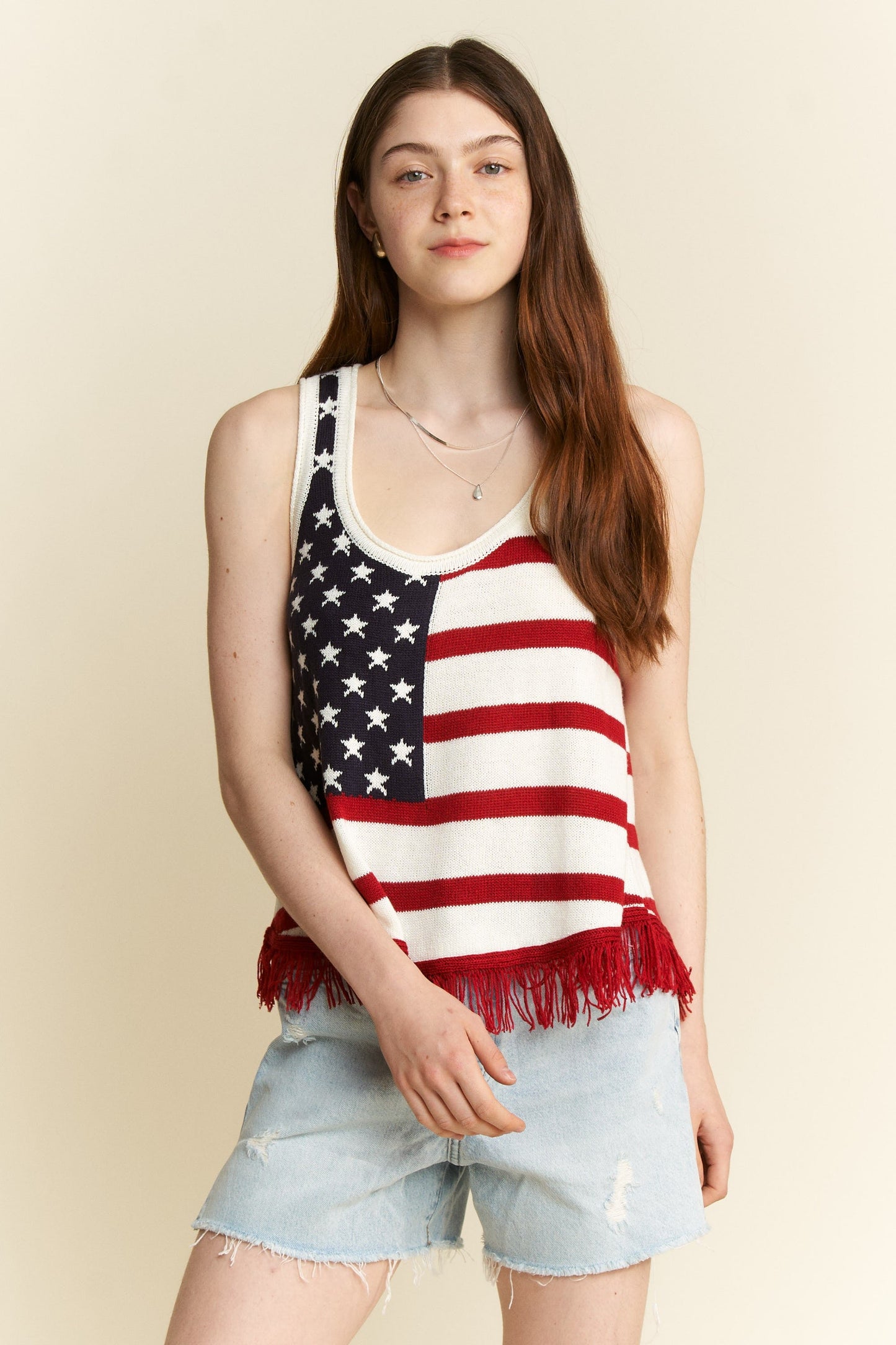 Jade By Jane American Flag Fringe Tank Top