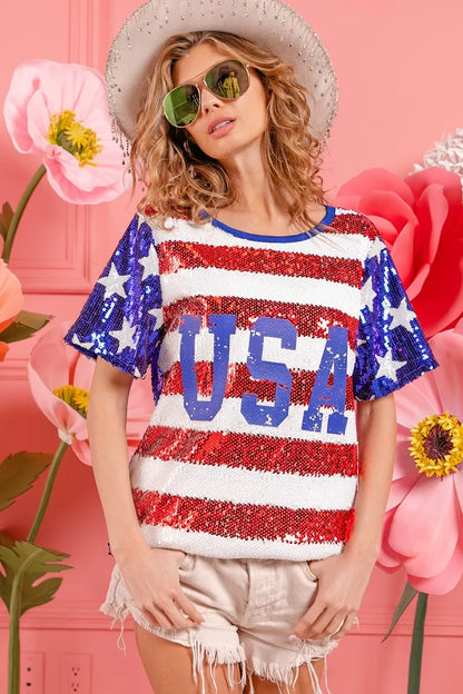 BiBi American Flag Theme USA Lettering Sequin Top