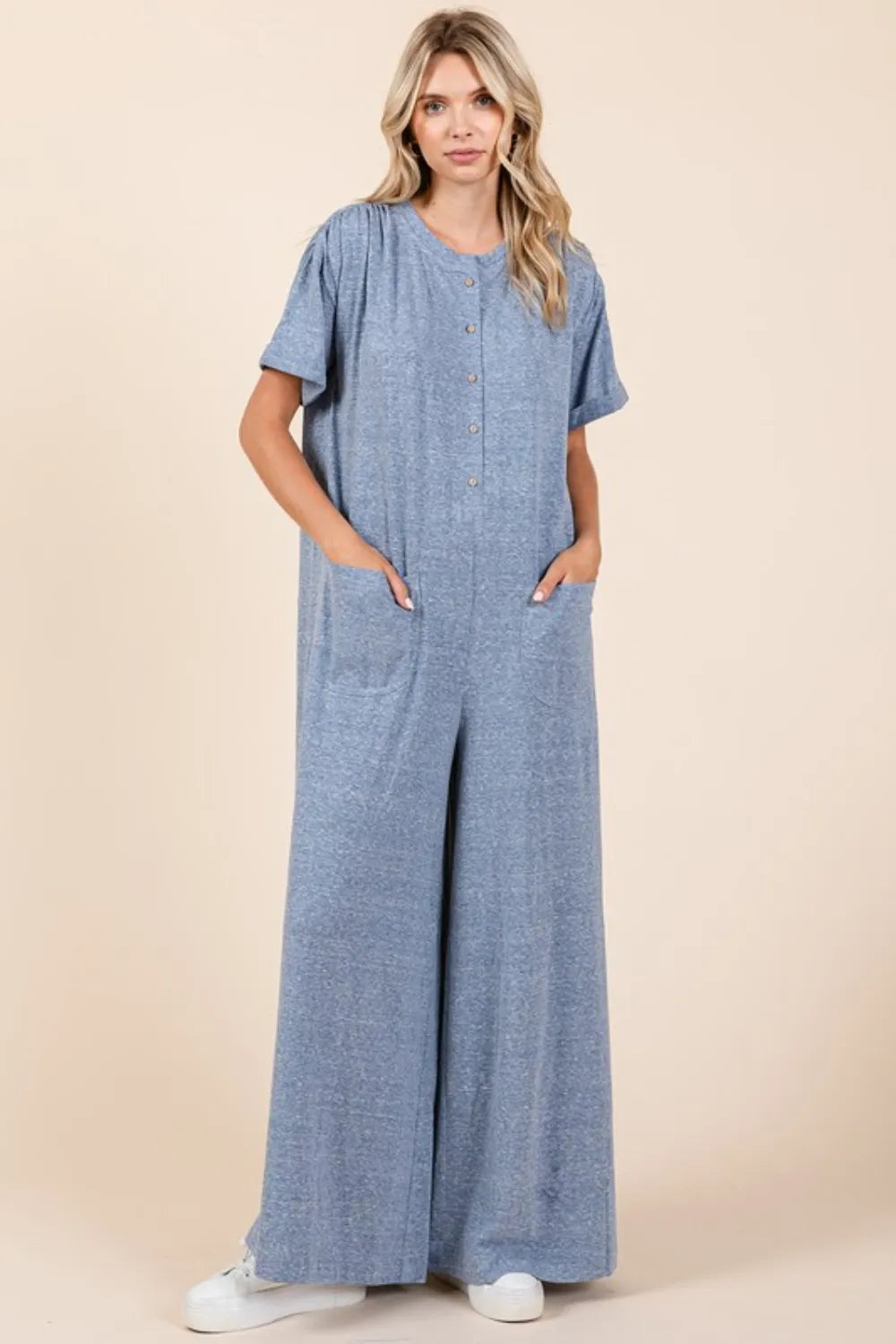 Mittoshop Button Detail Short Sleeve Wide Leg Jumpsuit